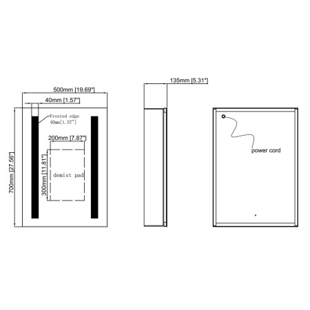 AJAX106297 Ajax Tintern 500mm Single Door LED Mirror Cabinet Line Drawing