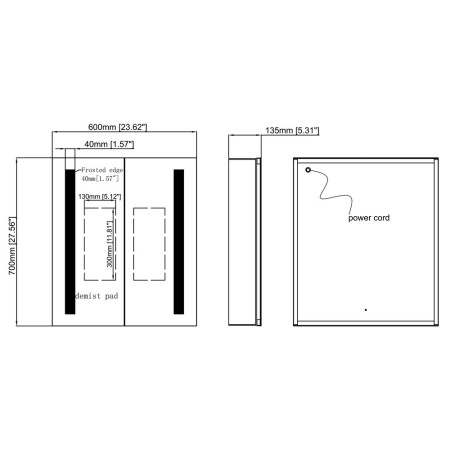 AJAX106298 Ajax Tintern 600mm Double Door LED Mirror Cabinet Line Drawing