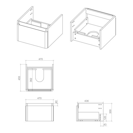 AJAX116057 Ajax Torrington 500mm Wall Hung Textured Walnut Vanity Unit with Basin Unit Dimensions