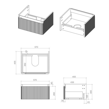 AJAX116058 Ajax Torrington 600mm Wall Hung Textured Walnut Vanity Unit with Basin Unit Dimensions