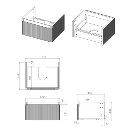 AJAX108922 Ajax Torrington 600mm Wall Hung Textured Oak Vanity Unit with Basin Line Drawing