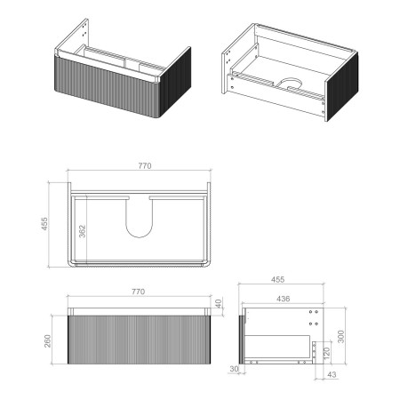 AJAX116059 Ajax Torrington 800mm Wall Hung Textured Walnut Vanity Unit with Basin Unit Dimensions