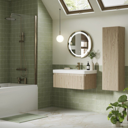 AJAX108920 Ajax Torrington 350mm Wall Hung Textured Oak Tall Unit Bathroom Setting