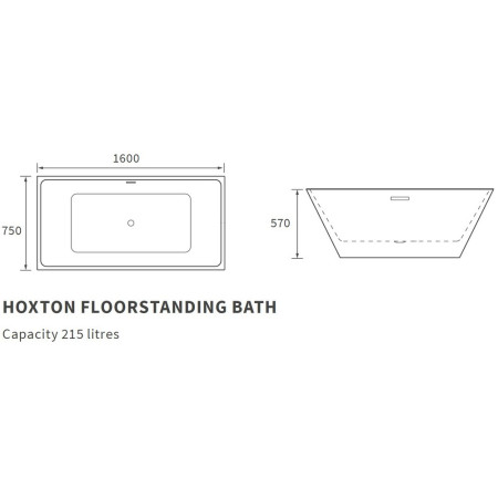 AJAX104115 Ajax Tumby 1600 x 750mm Freestanding Bath Line Drawing