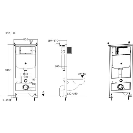 AJAX109014 Ajax Wall Hung WC Frame and Cistern Line Drawing