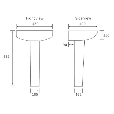 AJAX1826 Ajax Waltham 1TH 450mm Basin and Full Pedestal Line Drawing