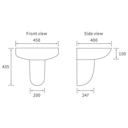 AJAX1827 Ajax Waltham 1TH 450mm Basin and Semi Pedestal Line Drawing