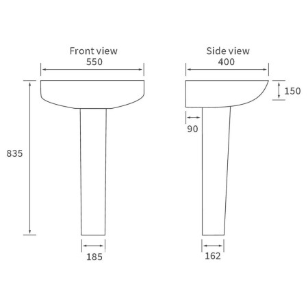 AJAX1830 Ajax Waltham 1TH 550mm Basin and Full Pedestal Line Drawing
