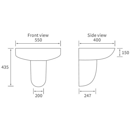 AJAX1831 Ajax Waltham 1TH 550mm Basin and Semi Pedestal Line Drawing