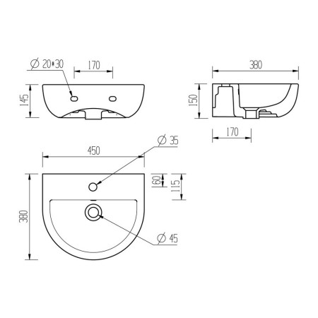 AJAX106865 Ajax Waltham 1TH Cloakroom Basin with Matt Black Trap Line Drawing