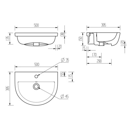 AJAX1829 Ajax Waltham 1TH Semi Recessed Basin Line Drawing