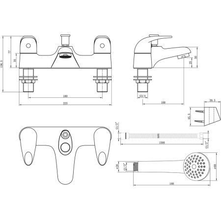 AJAX105705 Ajax Waring Chrome Low Pressure Bath Shower Mixer Line Drawing