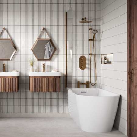 AJAX116168 Ajax Welwick 1630 x 700mm Freestanding Back to Wall Bath with a Brushed Bronze Bath Screen