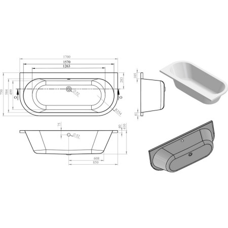 AJAX105668 Ajax Willerby 1700 x 750mm Back to Wall Bath Dimensions
