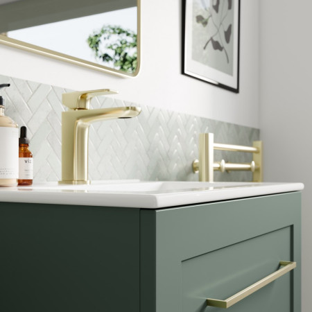 AJAX108518 Ajax Willingham Matt Reed Green 615mm Wall Hung Vanity Unit with Basin with Brushed Brass Tap