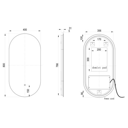 AJAX106276 Ajax Wingate 800 x 400mm Oblong Back Lit LED Bathroom Mirror Dimensions