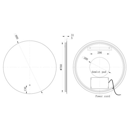 AJAX106280 Ajax Wingate 800mm Rounded Back Lit LED Bathroom Mirror Line Drawing