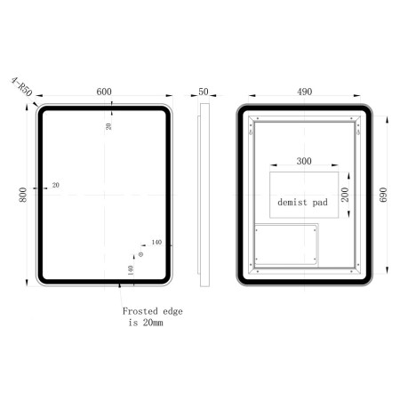 AJAX109012 Ajax Woad 600mm Brushed Brass Front Lit LED Bathroom Mirror Line Drawing