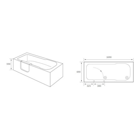 AJAX2882 Ajax Woodhall 1690 x 690mm Right Handed Walk In Bath Line Drawing