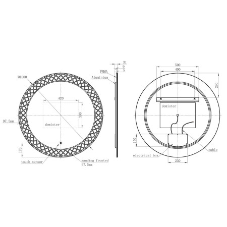 AJAX116296 Ajax Yarborough 1000mm Round LED Bathroom Mirror Dimensions