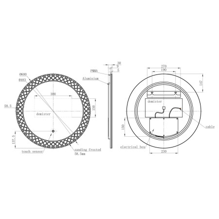 AJAX116295 Ajax Yarborough 600mm Round LED Bathroom Mirror Dimensions