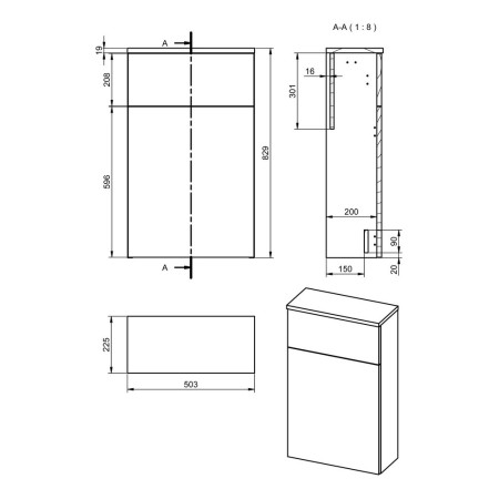 AJAX108483 Ajax Yarborough Matt Storm Blue 500mm WC Unit Line Drawing