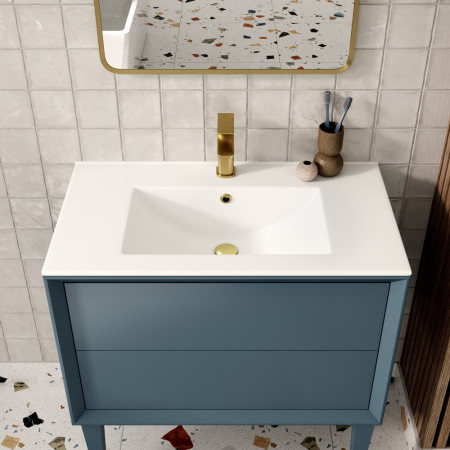 AJAX108468 Ajax Yarborough Matt Storm Blue 815mm Wall Hung Vanity Unit and Basin with Brass Basin Mixer
