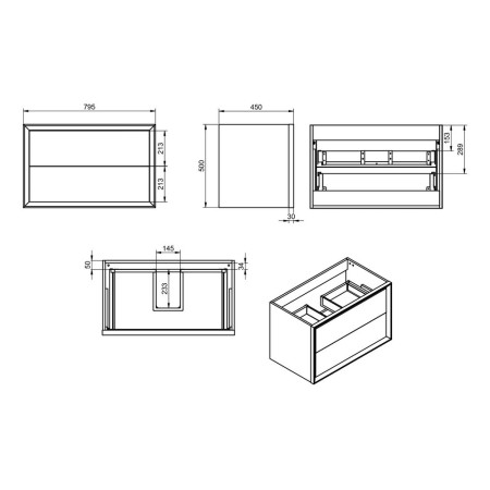 AJAX108467 Ajax Yarborough Matt Clay 815mm Wall Hung Vanity Unit and Basin Line Drawing