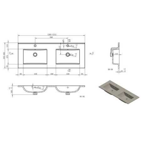 AJAX116152 Ajax Yarborough Matt White 1200mm Wall Hung 2TH Double Basin Vanity Unit Dimensions