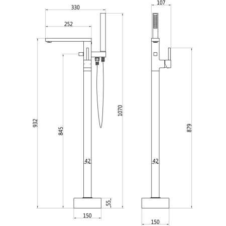 AJAX105736 Ajax Yarmshaw Chrome Floor Standing Bath Shower Mixer Line Drawing