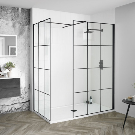 AQ8654CR/AQ8661BLK Aquadart Wetroom 8 900mm Matrix Glass Shower Panel - Matt Black with Side Panel