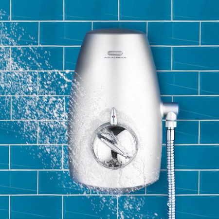 Aqualisa Aquastream Thermostatic Power Shower Satin Chrome Finish Closeup Lifestyle