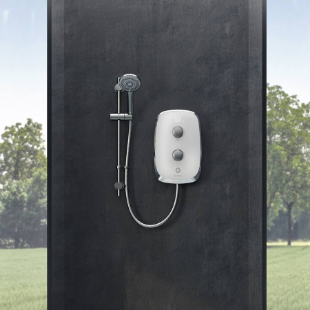 MOWC85 Aqualisa eMotion 8.5kw Electric Shower in Arctic White Room Setting