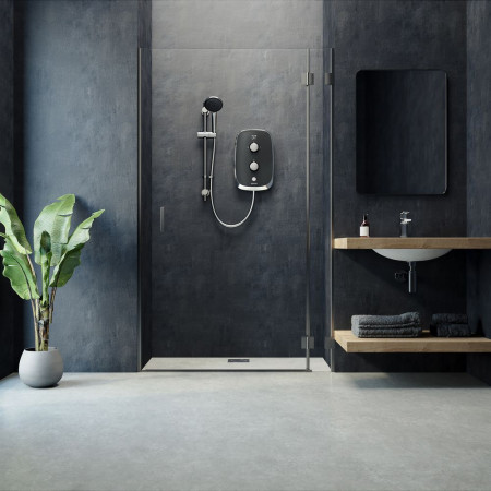 MOGC85 Aqualisa eMotion Electric Shower in Space Grey Room Setting