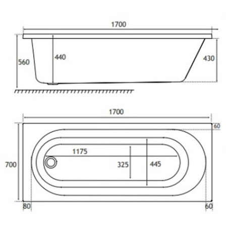 42.0153 Beaufort Biscay Straight Edge 1700 x 700mm Single Ended Bath Line Drawing