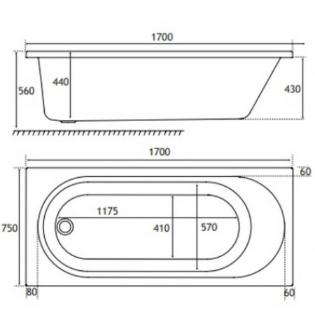42.0152 Beaufort Biscay Straight Edge 1700 x 750mm Single Ended Bath Line Drawing