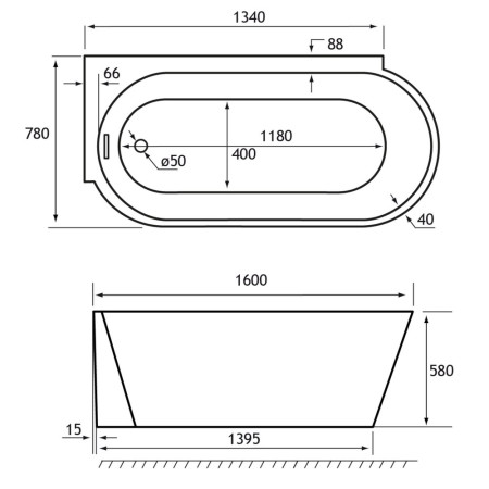 33.0043 Beaufort Bray 1600 x 780mm Gloss White Left Hand Freestanding Bath Line Drawing