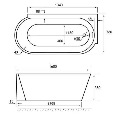 33.0042 Beaufort Bray 1600 x 780mm Gloss White Right Hand Freestanding Bath Line Drawing