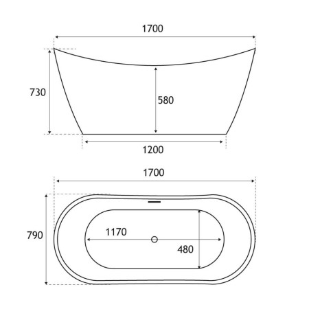 33.0009 Beaufort Chislehurst 1700 x 790mm Freestanding Slipper Bath Dimensions