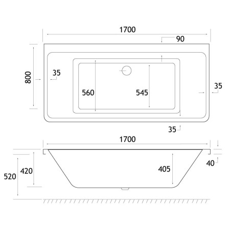 42.1241 Beauforté Reinforced Malin 1700 x 800mm D Shape Back to Wall Bath Side View Technical Drawing