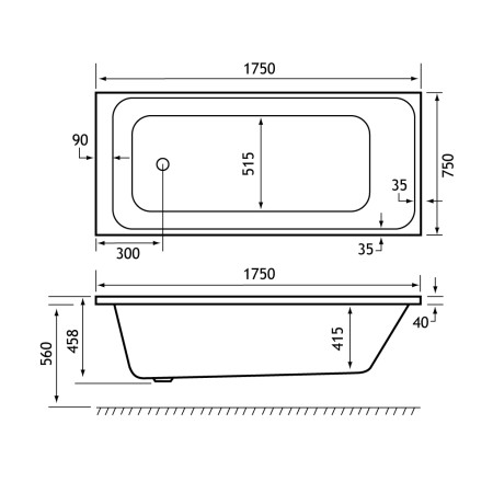 Beaufort Malin 1750 x 750mm Single Ended Bath Technical Drawing