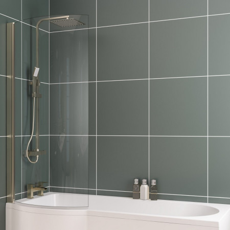 49.2005 Beaufort P Shape Left Handed 6mm Brushed Brass Bath Screen Bathroom Setting