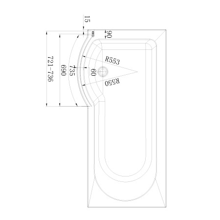 Beaufort P Shape Right Handed 6mm Chrome Bath Screen Technical Drawing