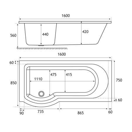 42.0233 Beaufort Portland 1600 x 850mm P Shaped Bath Left Handed Technical Drawing
