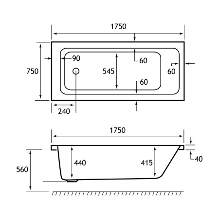 42.0020 Beaufort Portland 1750 x 750mm Single Ended Bath Technical Drawing
