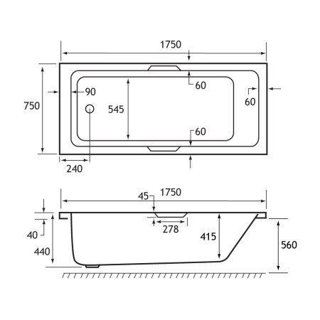 42.0023 Beaufort Portland 1750 x 750mm Single Ended Twin Grip Bath Technical Drawing