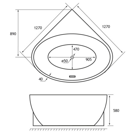 33.0045 Beaufort Whitchurch 1270mm Gloss White Corner Freestanding Bath Line Drawing