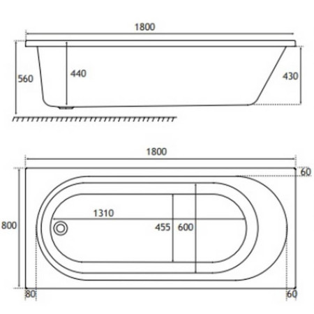 42.1151 Beauforté Biscay Straight Edge 1800 x 800mm Single Ended Bath Line Drawing