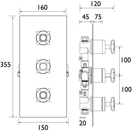 N2 SHC3STP C Bristan 1901 Three Control Thermostatic Shower Valve Line Drawing