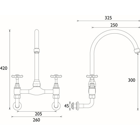 NWMDSMC Bristan 1901 Wall Mounted Bridge Sink Mixer Dimensions